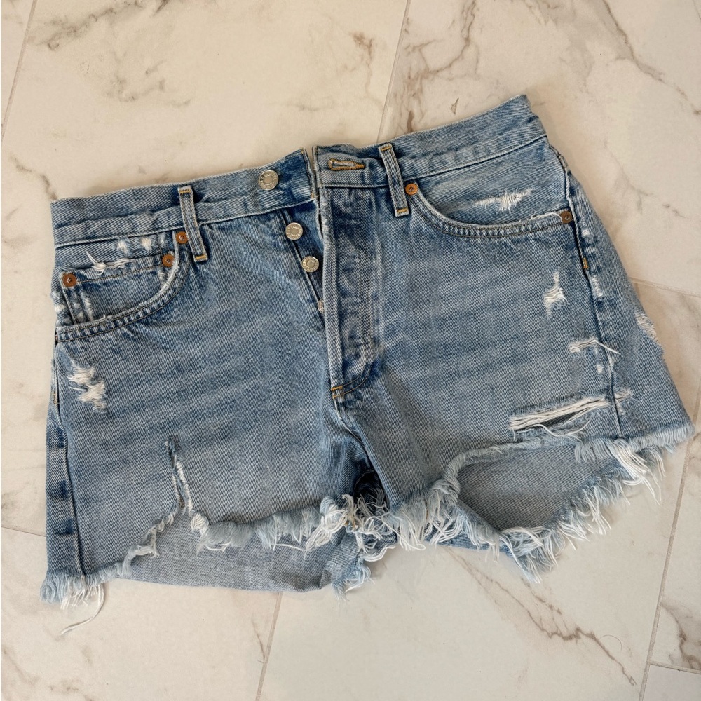 Agolde Light Blue Distressed High-Rise Denim Shorts